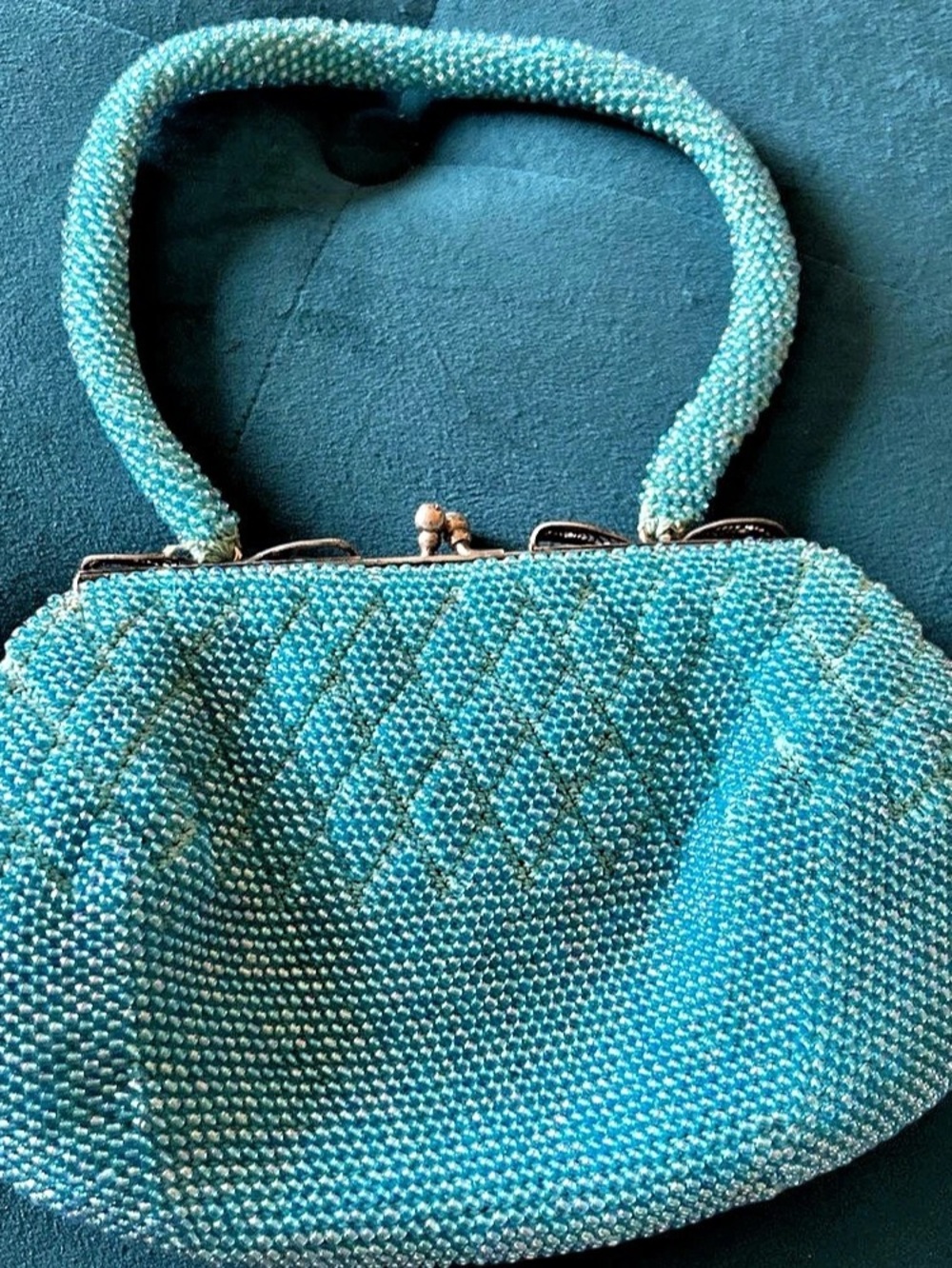 Vintage Turquoise Beaded Evening Clutch With Spiral Metal Detailed